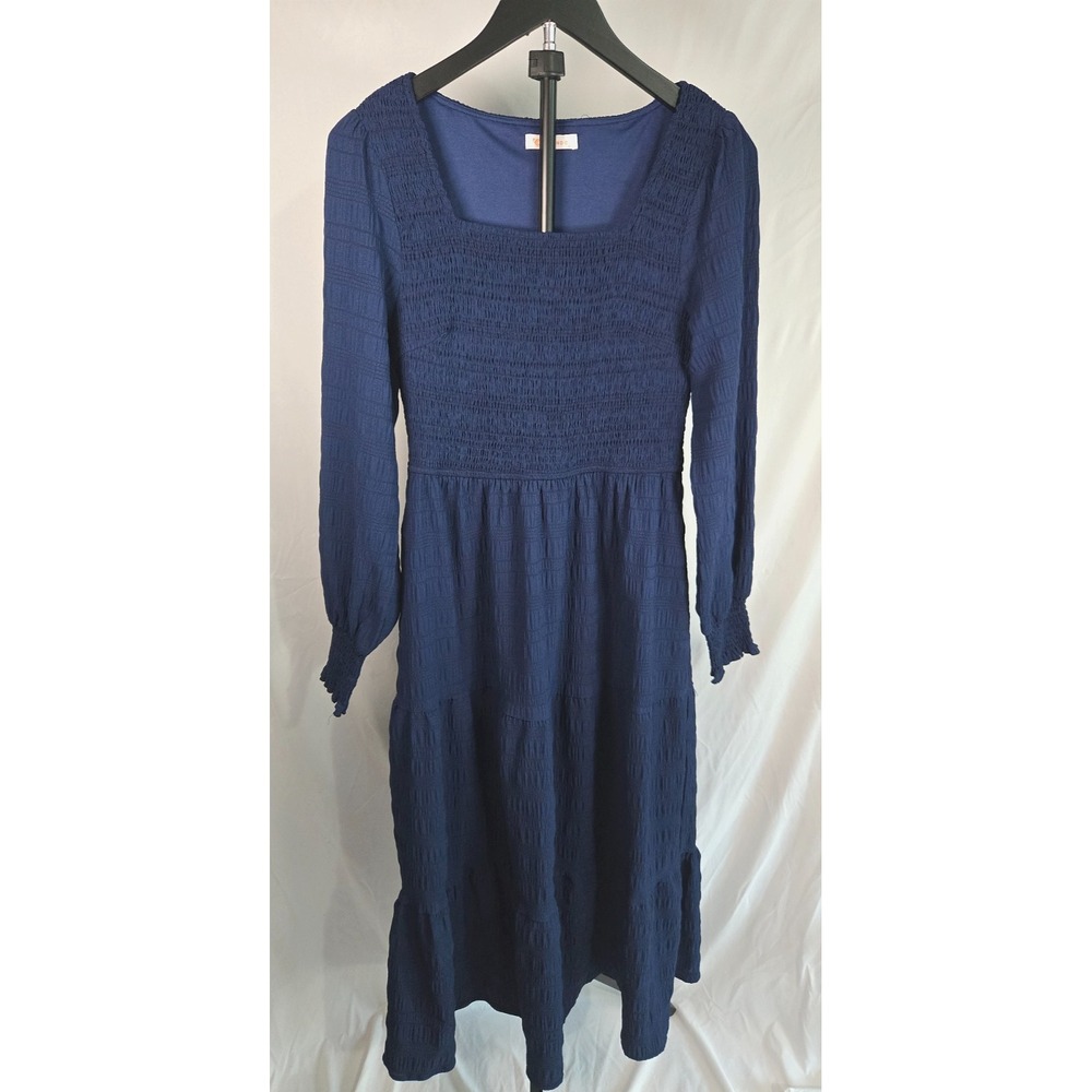 Navy Blue Smocked Tiered Maxi Dress Sz M Pockets Cottagecore Boho Prarie Modest